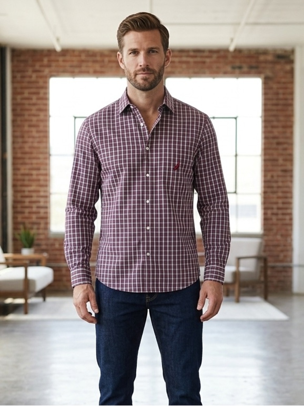 Nautica Men's Burgundy Plaid Button Down Shirt